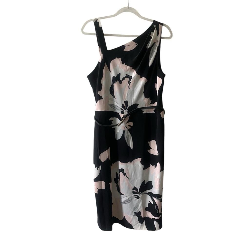 Jones New York Floral Asymmetrical Sleeveless Belted Mid Calf Dress Black 14